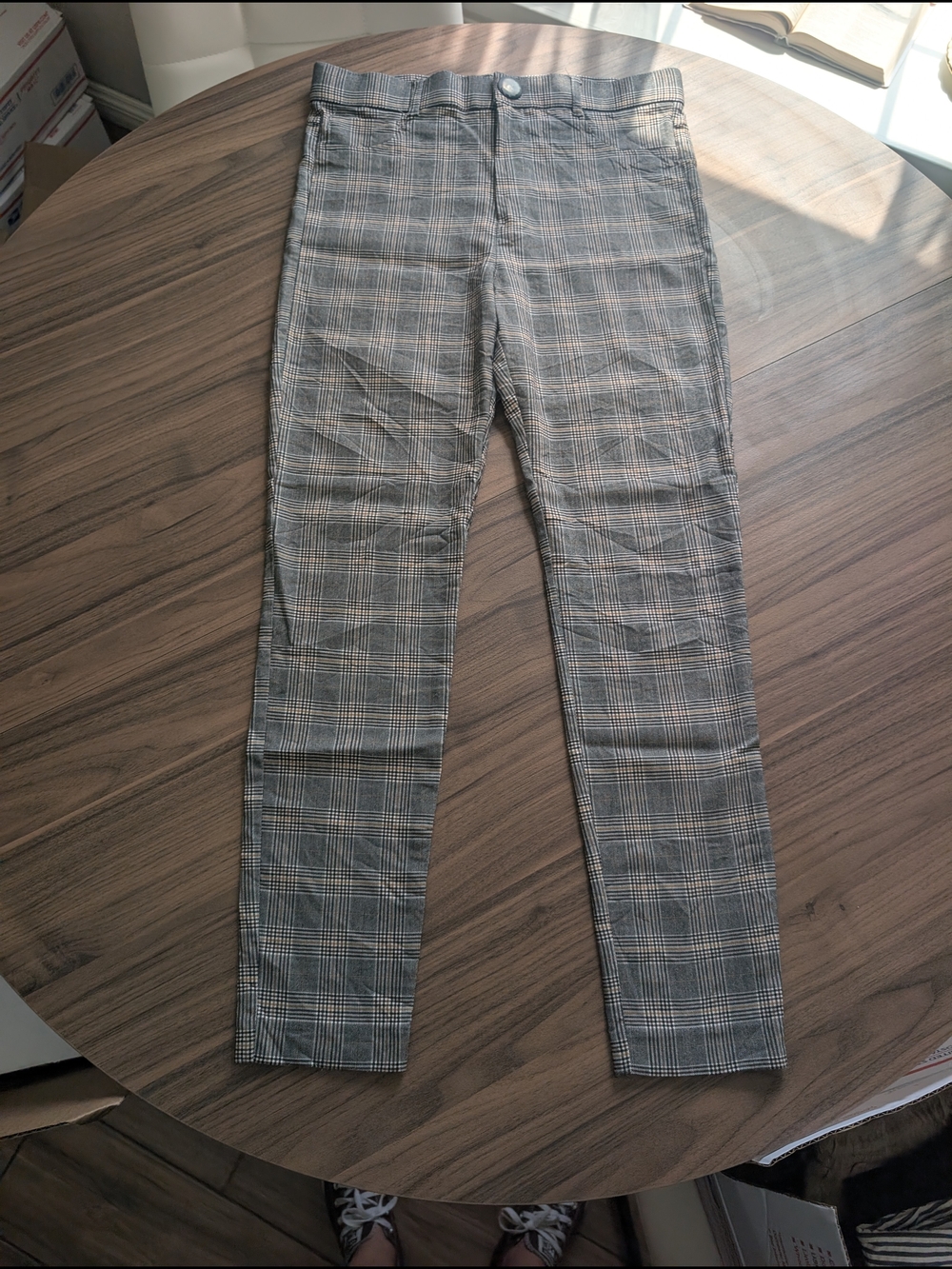 Zara Womens Plaid Trousers in Gray, Brown and Black with Matte Button